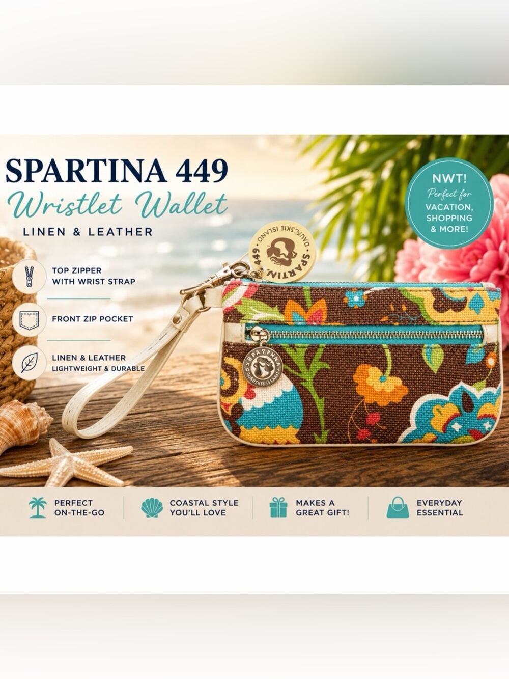 Spartina 449 Floral Wristlet Wallet Clutch Brown Aqua Linen Leather NWT